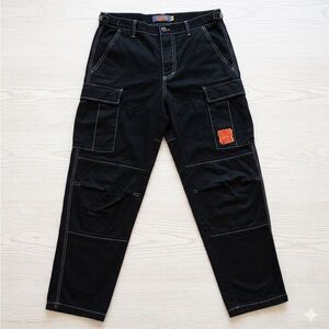 Empyre Loose Fit Black Cargo Skate Pants White Contrast Stitch 34x30 Embroidered